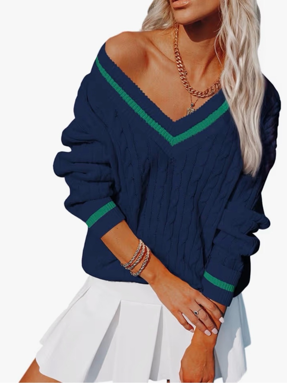 Amazon Navy V-Neck Cable Sweater with Green Trim Varsity
